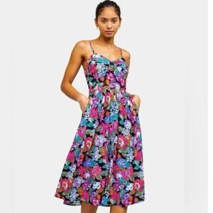 Rollas Size M Eve Tapestry Black Floral Print Button Up Midi Dress